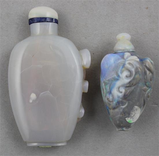 Two Chinese opal snuff bottles, 1880-1940, Richards no.s 299 and 294, chip to neck of first